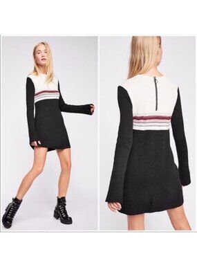 $148 Free People Sweater Dress Knit Long Flared Sleeve Color Block Black